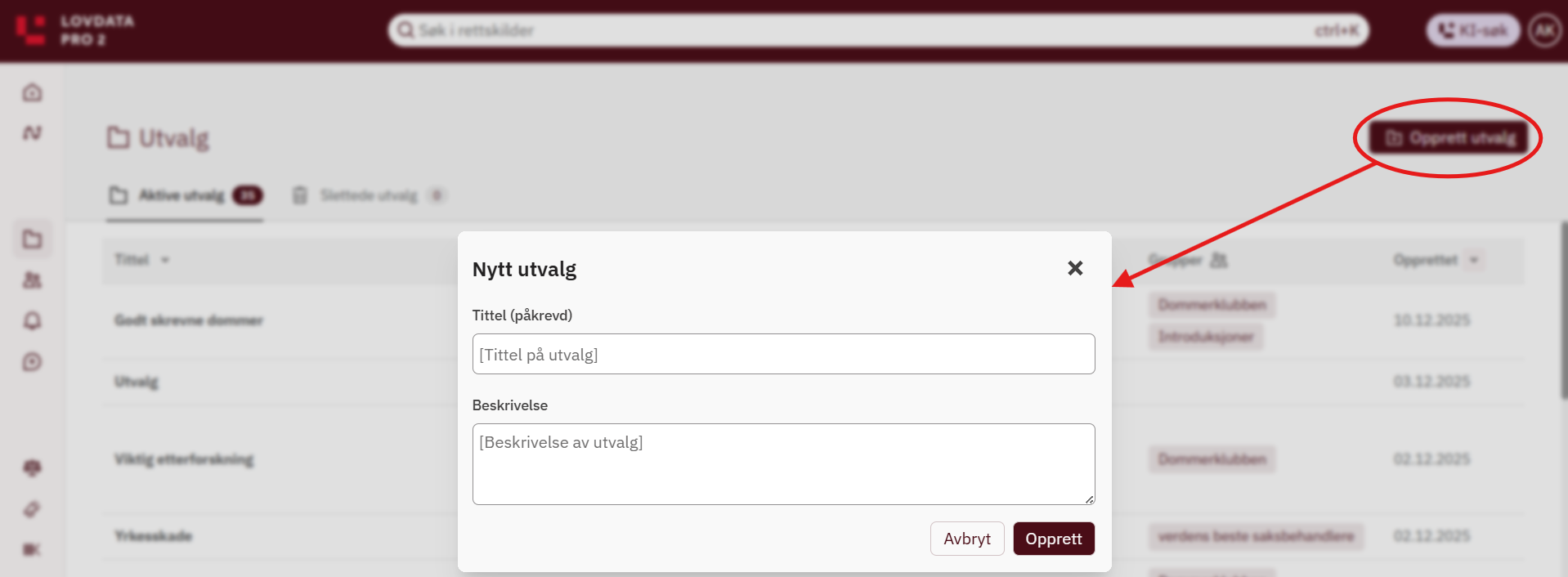 Opprette utvalg. Skjermbilde