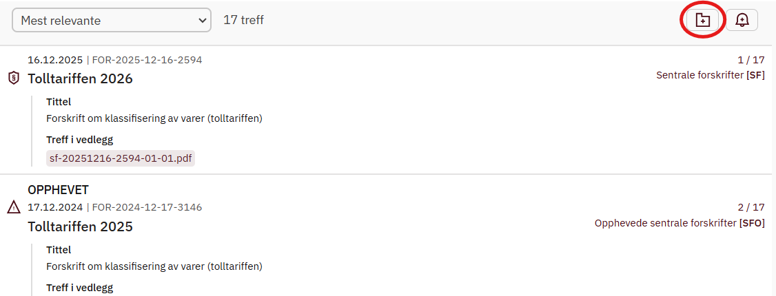 Søkeresultat. Skjermbilde