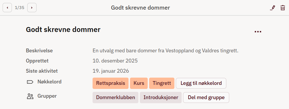 Nøkkelord og grupper i utvalg. Skjermbilde