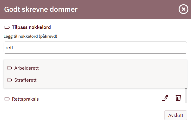 Nøkkelord i utvalg. Skjermbilde