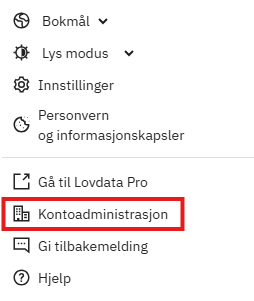 Kontoadministrasjon i personlig meny Lovdata Pro 2. Skjermbilde