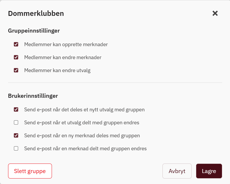 Innstillinger for gruppeadmin. Skjermbilde