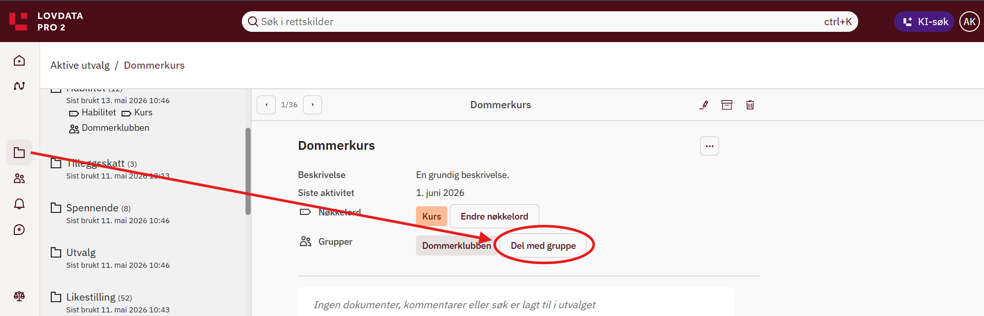 Dele gruppe. Skjermbilde