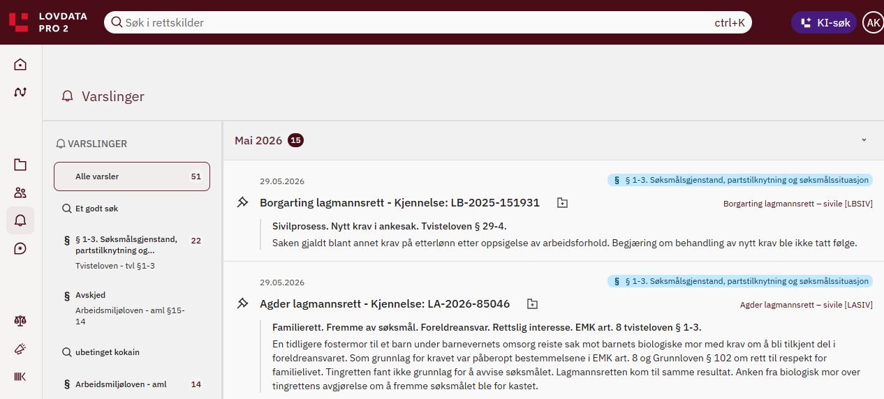 Alle varsler. Skjermbilde