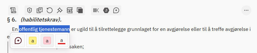 Markering til løpende tekst. Skjermbilde