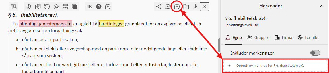 Opprette merknad til dokumentdel. Skjermbilde