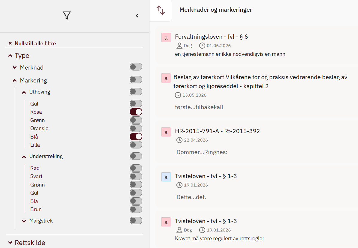 Merknadsoversikt. Skjermbilde