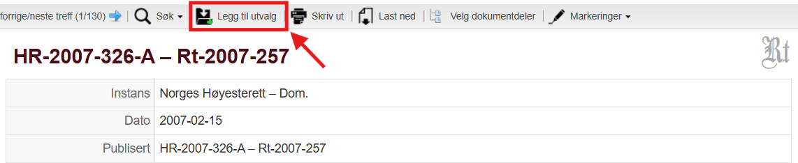 Legg til utvalg fra dokument Lovdata Pro. Skjermbilde