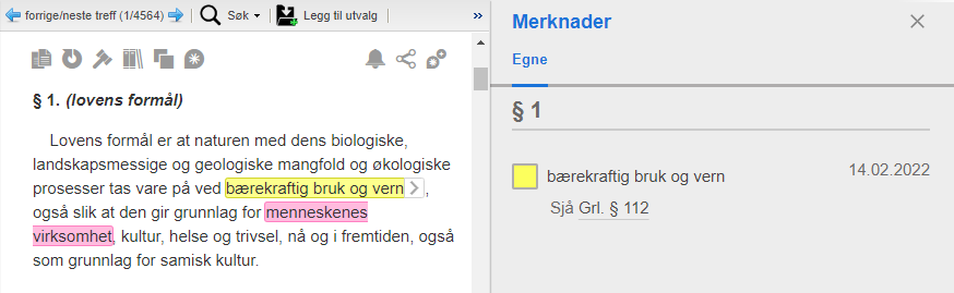 Merknad til markert tekst. Skjermbilde