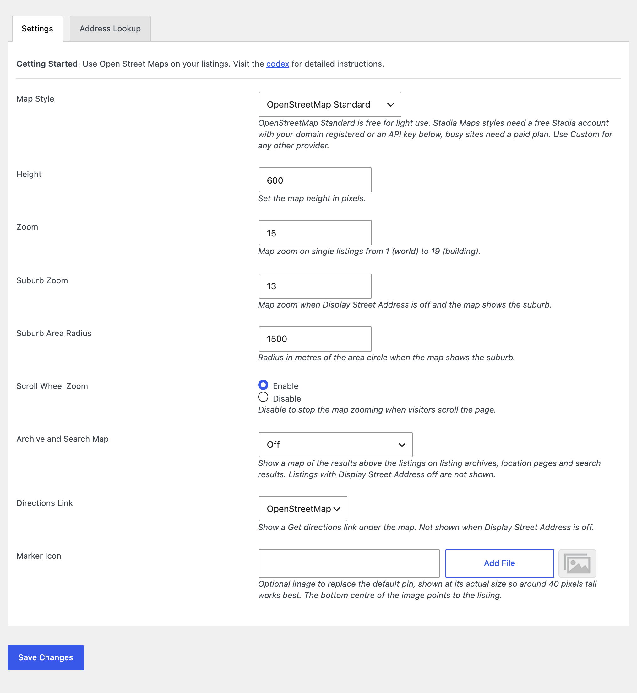 Open Street Maps settings tab