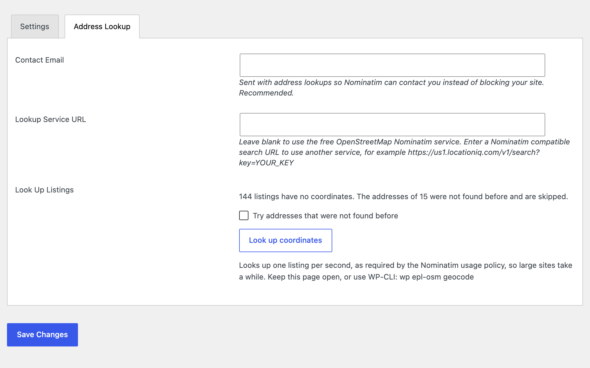 Address Lookup settings tab