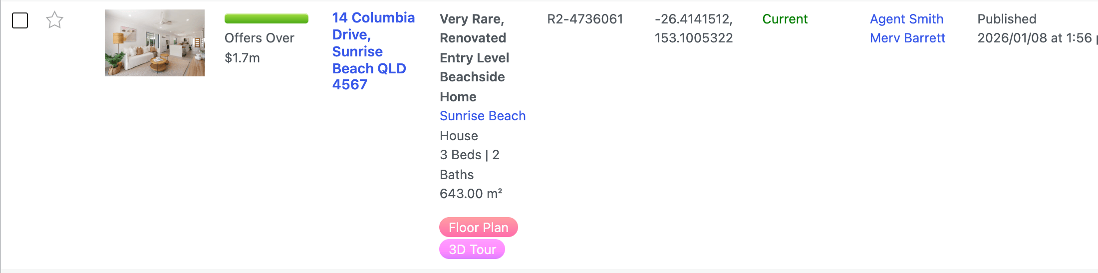3D Tour label in the Listing Details column of the listings table