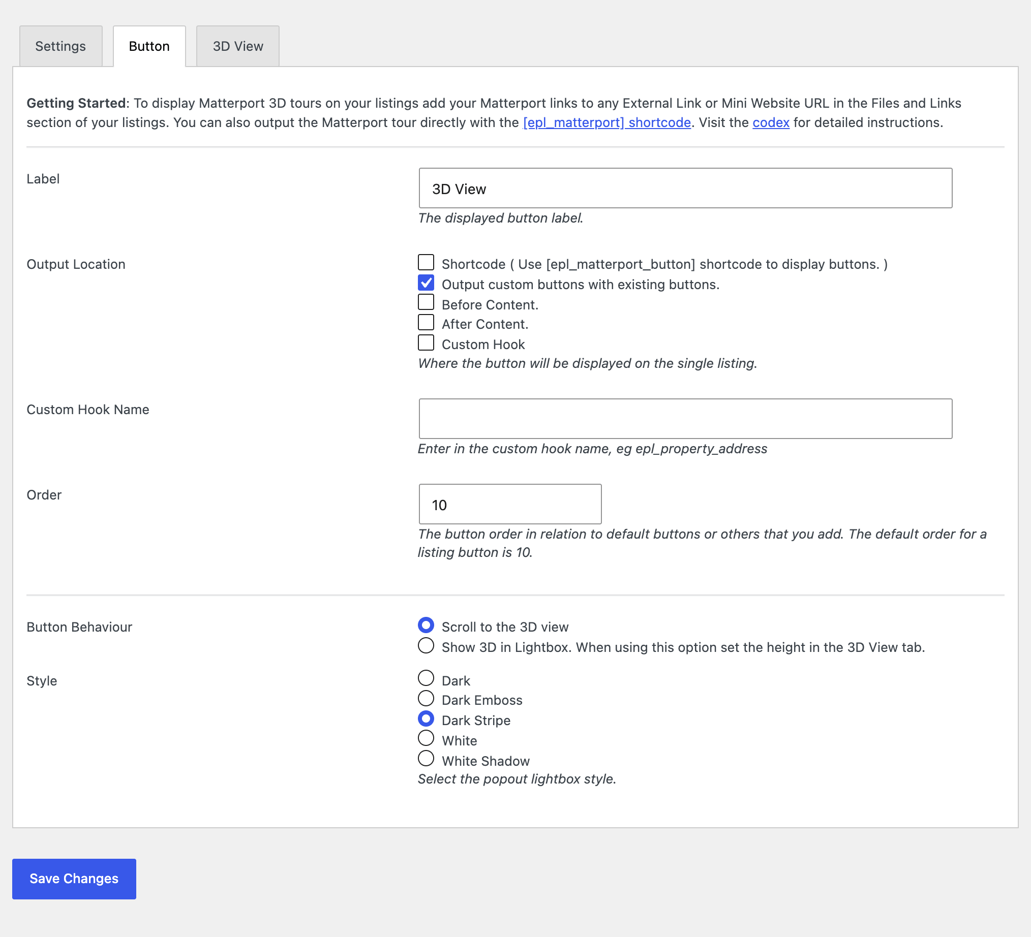 Button Settings - Matterport Matterport Button settings