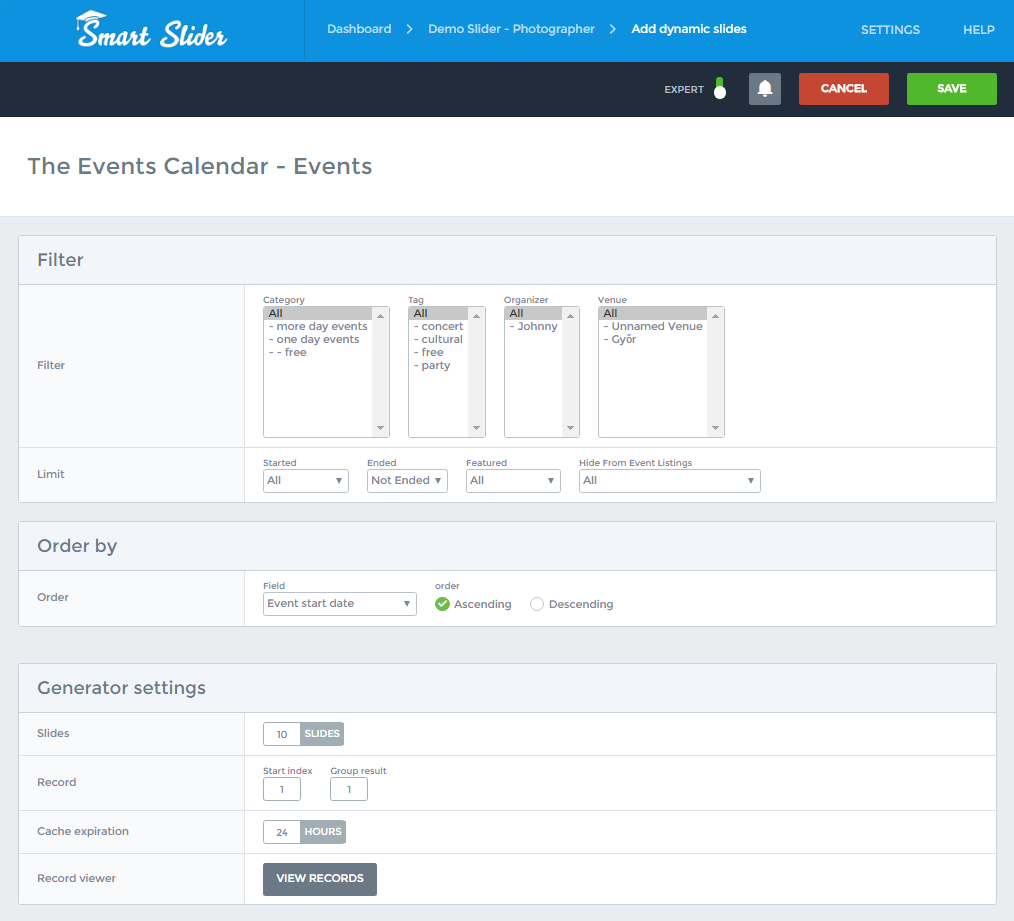 the events calendar generator smart slider 3