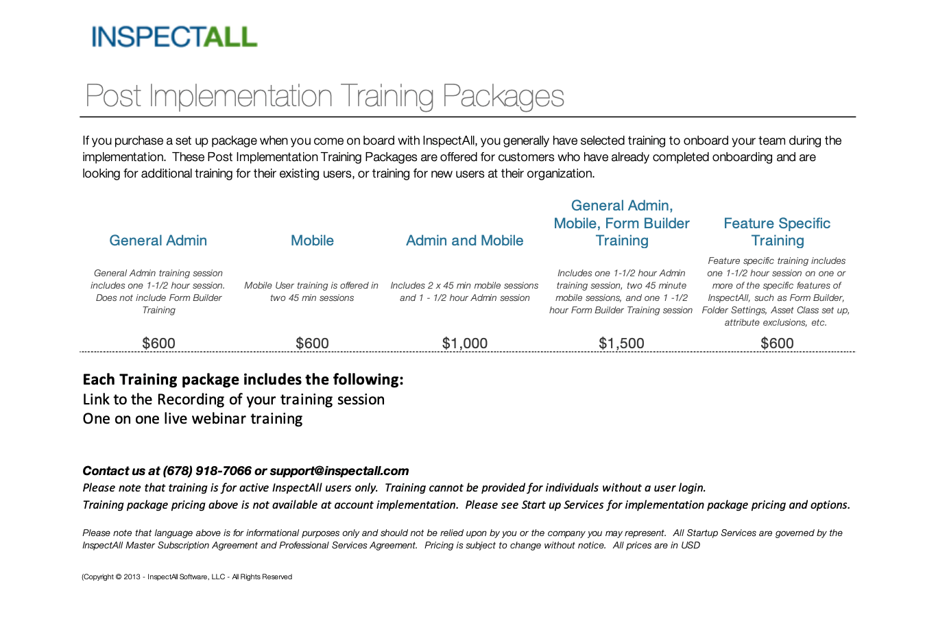 Training Packages for Existing Customers InspectAll Support