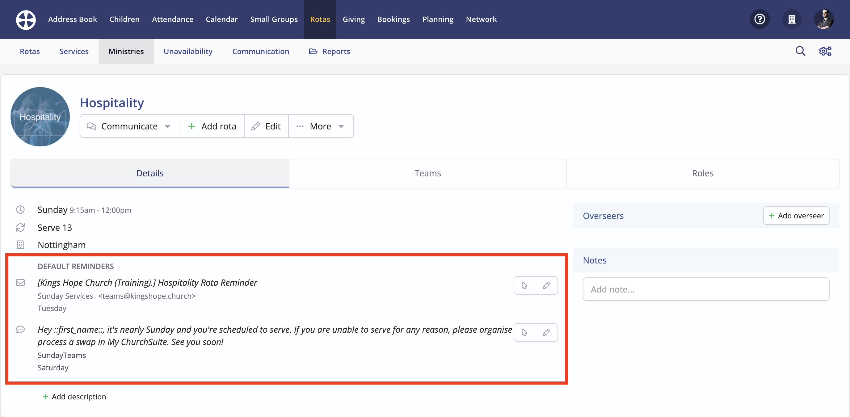 Sending rota reminders - ChurchSuite Support Articles