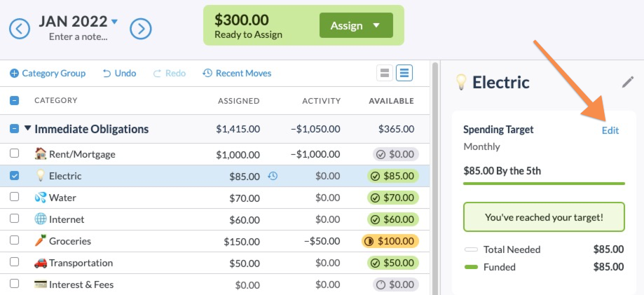 Clicking on a category shows an edit option on the far right side in the inspector