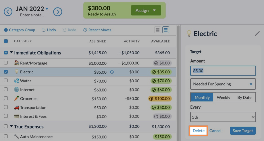 After clicking a single category then edit, the delete button is shown at the bottom of the target details on the right side