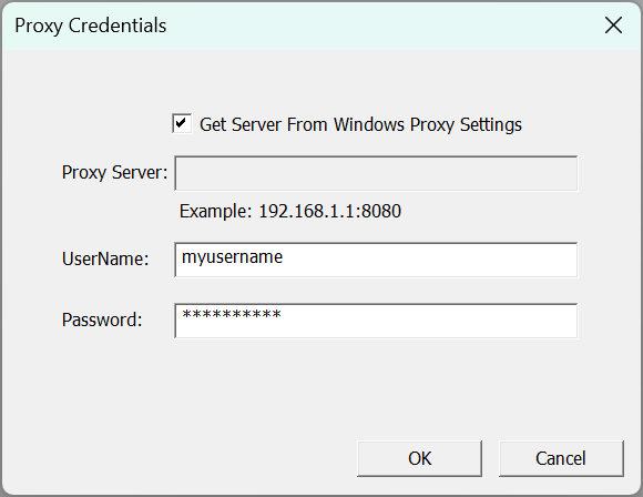 Screenshot of the proxy credentials dialog in Archie-M.