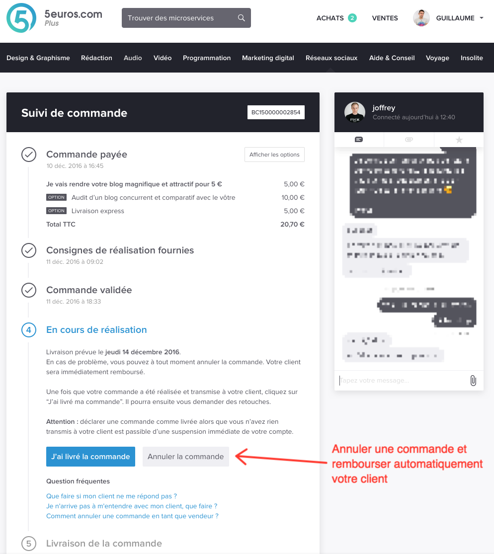 Comment puisje annuler la commande en tant que vendeur ? Support 5euros