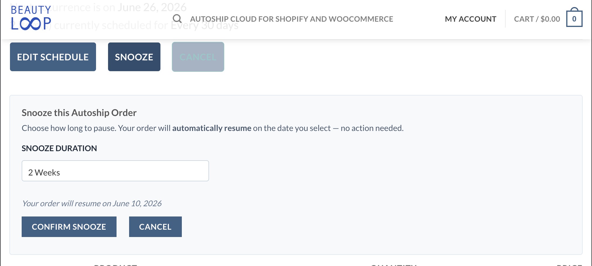 Snooze duration shows frequency options that delay when the next renewal will happen instead of remaining paused.