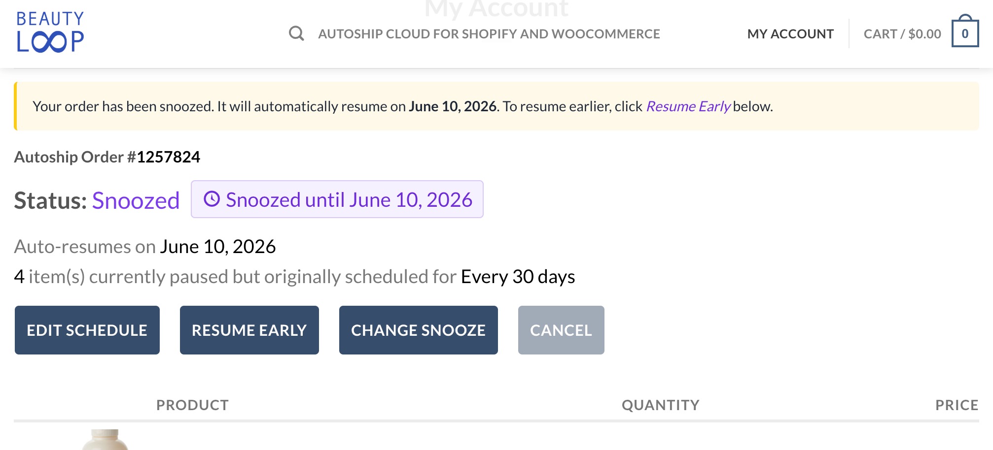 After a subscriber confirms their snooze duration, their Scheduled Order will show the date it will resume automatically.