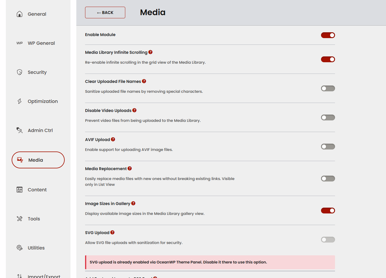 WordPress Site Booster Media panel options