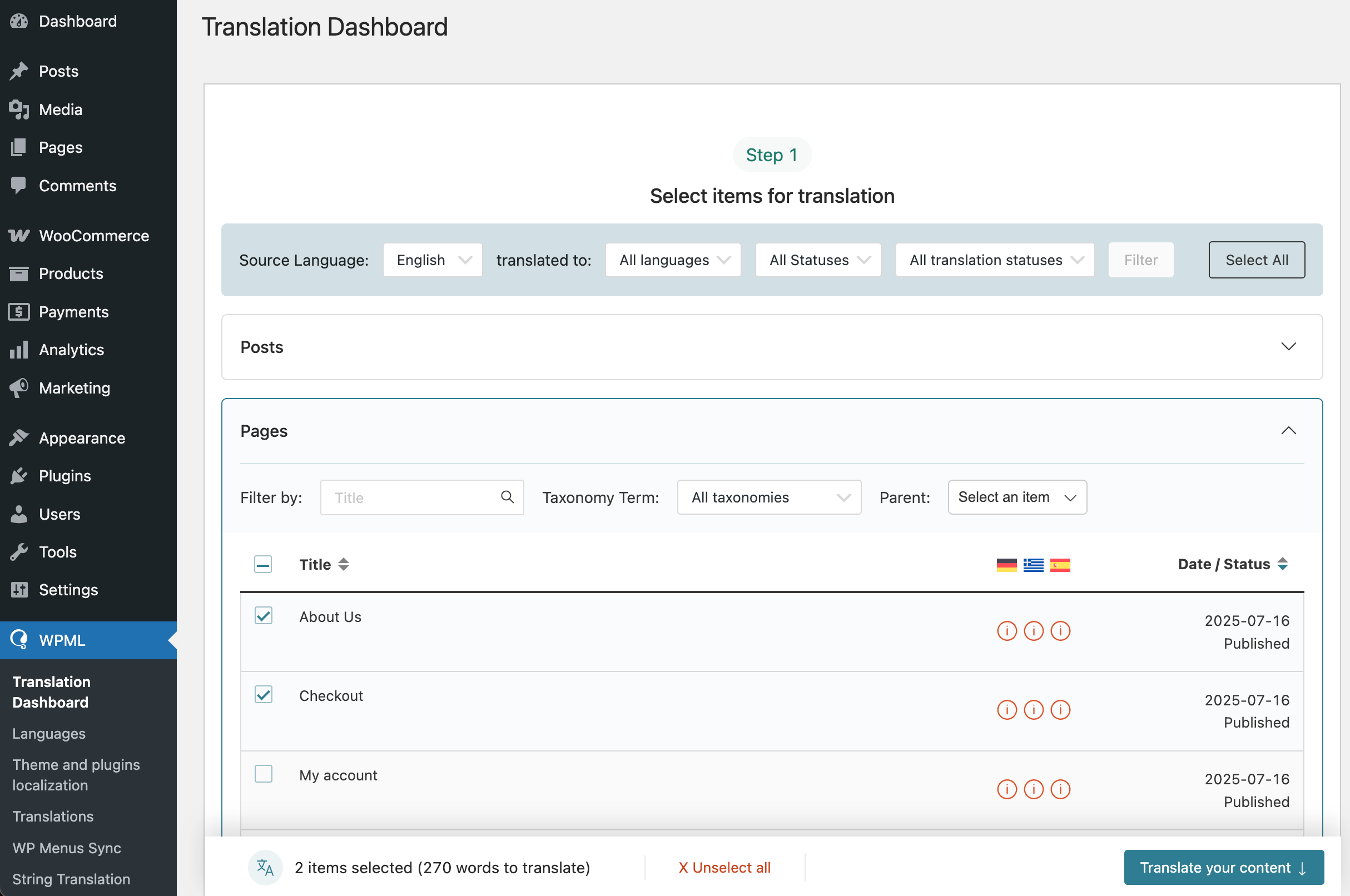 WPML plugin translation dashboard preview