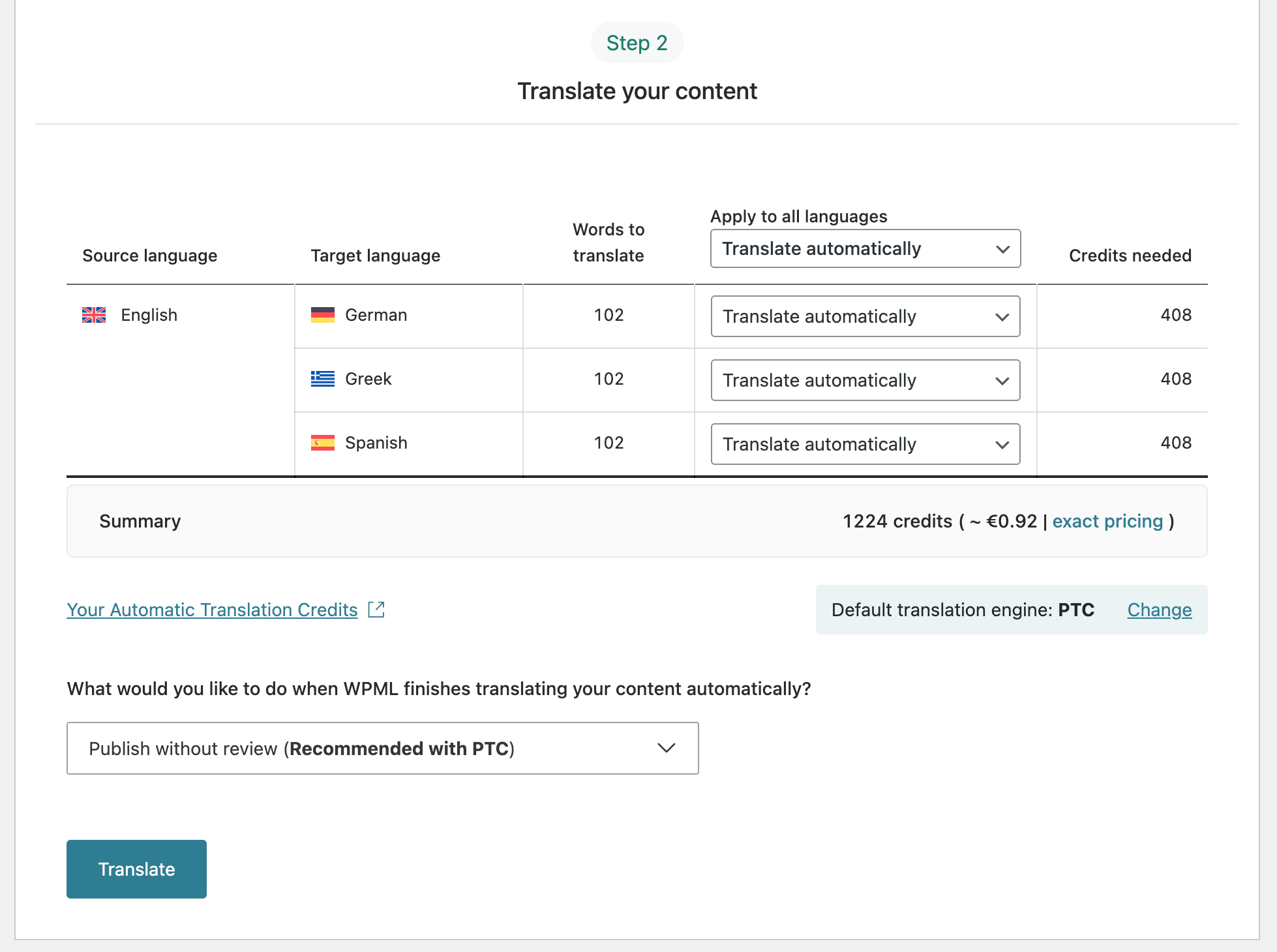 WPML plugin automated and AI translation options preview
