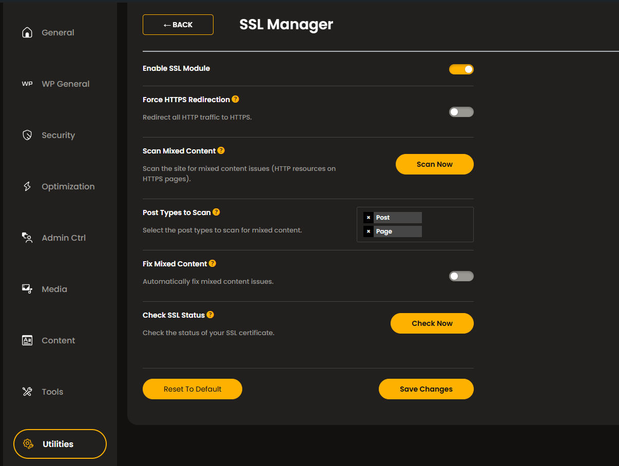 Site Booster SSL Manager options overview