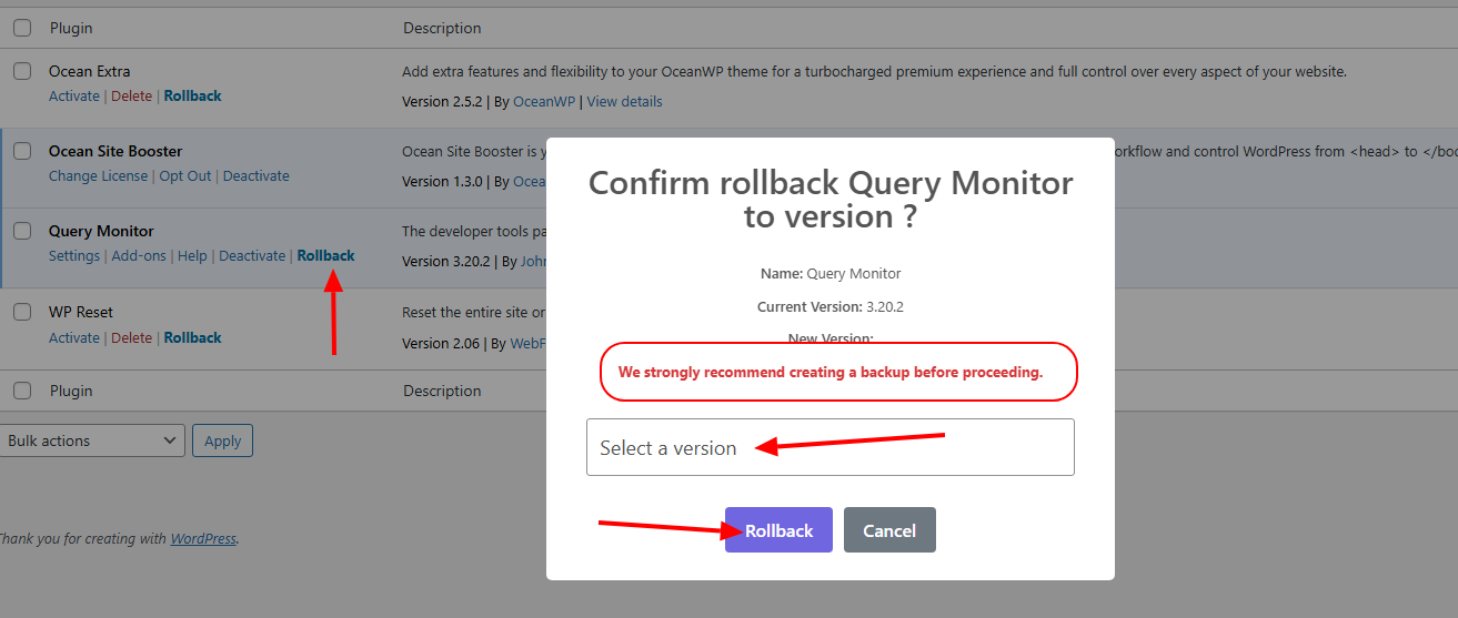 the rollback feature popup example screenshot