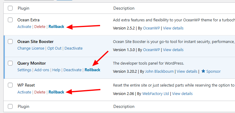 the rollback feature appearing in the installed plugins list screenshot