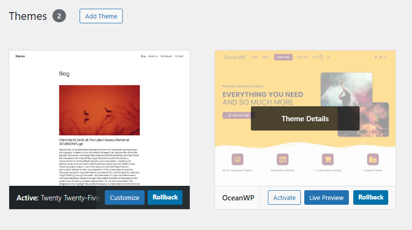 the rollback feature available on wordpress themes' thumbnails screenshot