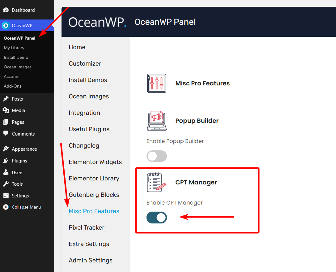 Enable Custom Post Types by enabling the CPT Manager option in OceanWP Panel