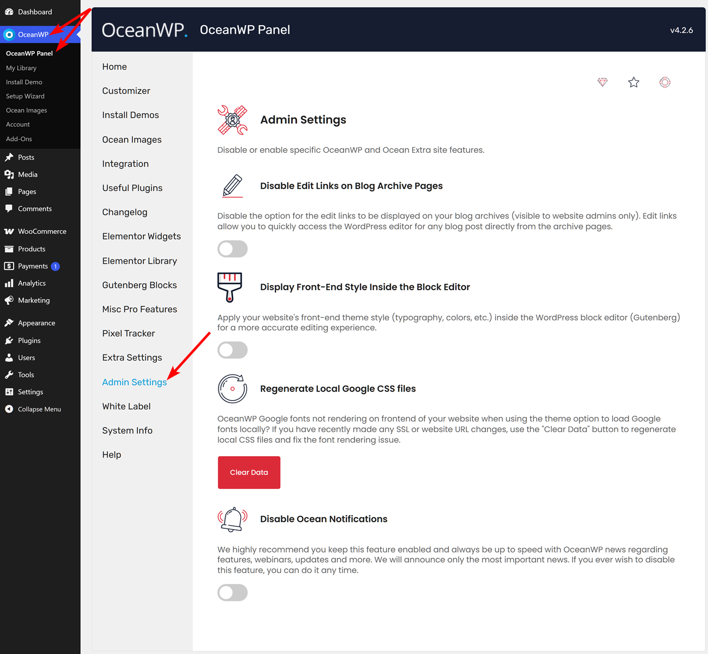 Admin Settings - OceanWP Panel