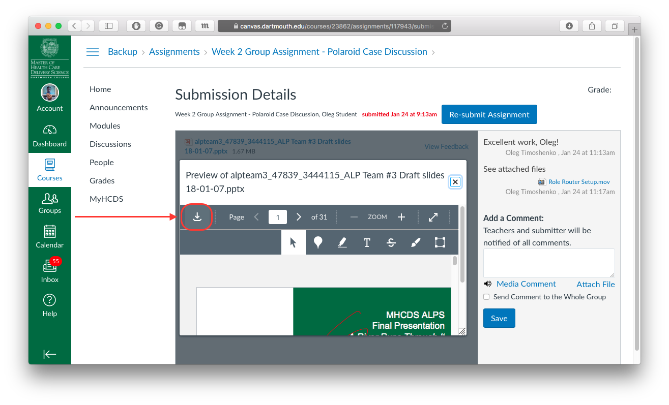 Assignment comments in canvas image
