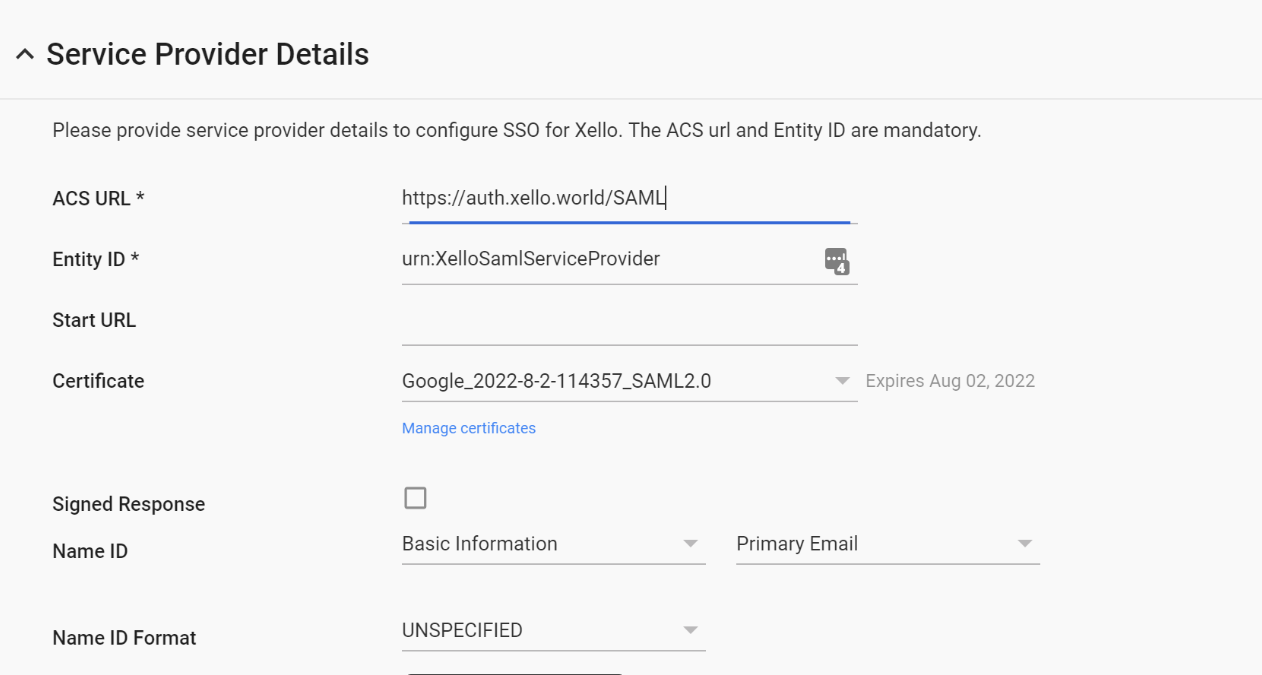 service provider details page with acs url and entity id entered