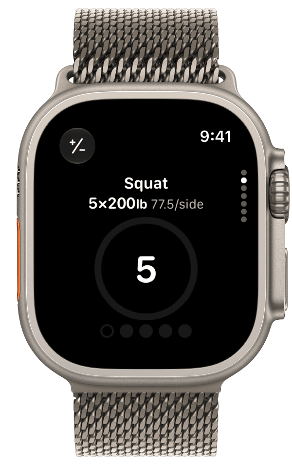 Log a set of 5 reps with one tap on the set circle in StrongLifts on Apple Watch. The rest timer then starts.