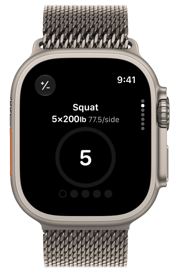 Log a set of 2 reps in StrongLifts on Apple Watch. One tap logs 5 reps and three more taps take off 3 reps. The rest timer then shows Rest 5min.