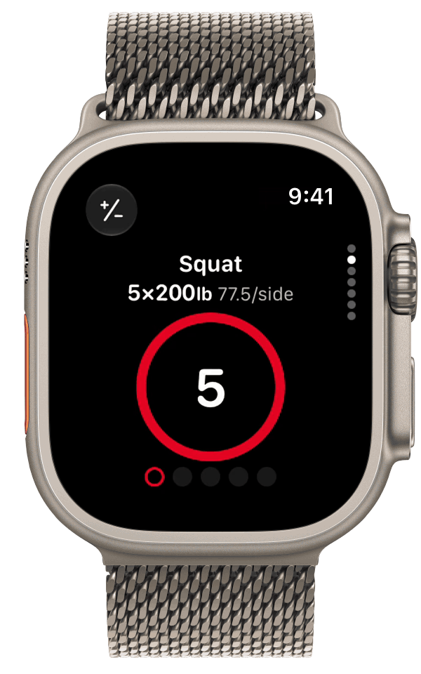 Undo a set in StrongLifts on Apple Watch with the Reset Set arrow at the top right of the rest timer. The set opens again.