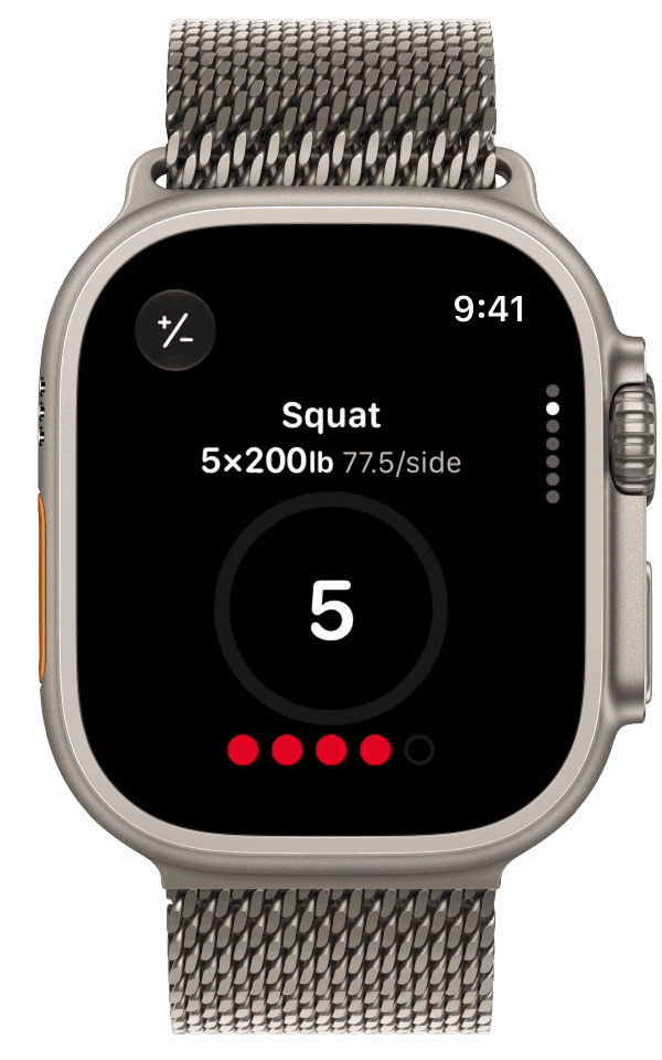 Undo the last set of an exercise in StrongLifts on Apple Watch. Swipe back to the Done page, then tap the circle until the set opens again.