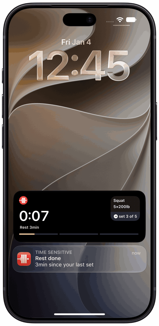 StrongLifts rest notification with rep buttons