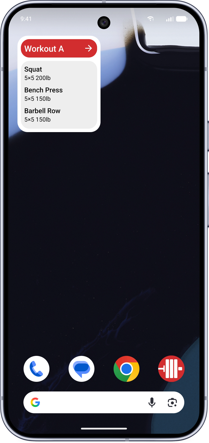 StrongLifts workout widget on an Android home screen