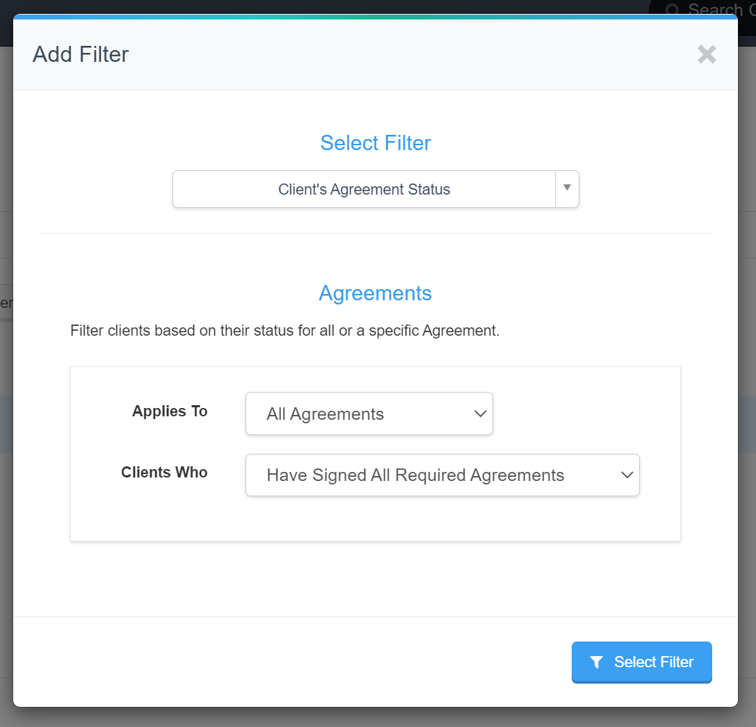 screenshot of client reporting page adding client signature status filter