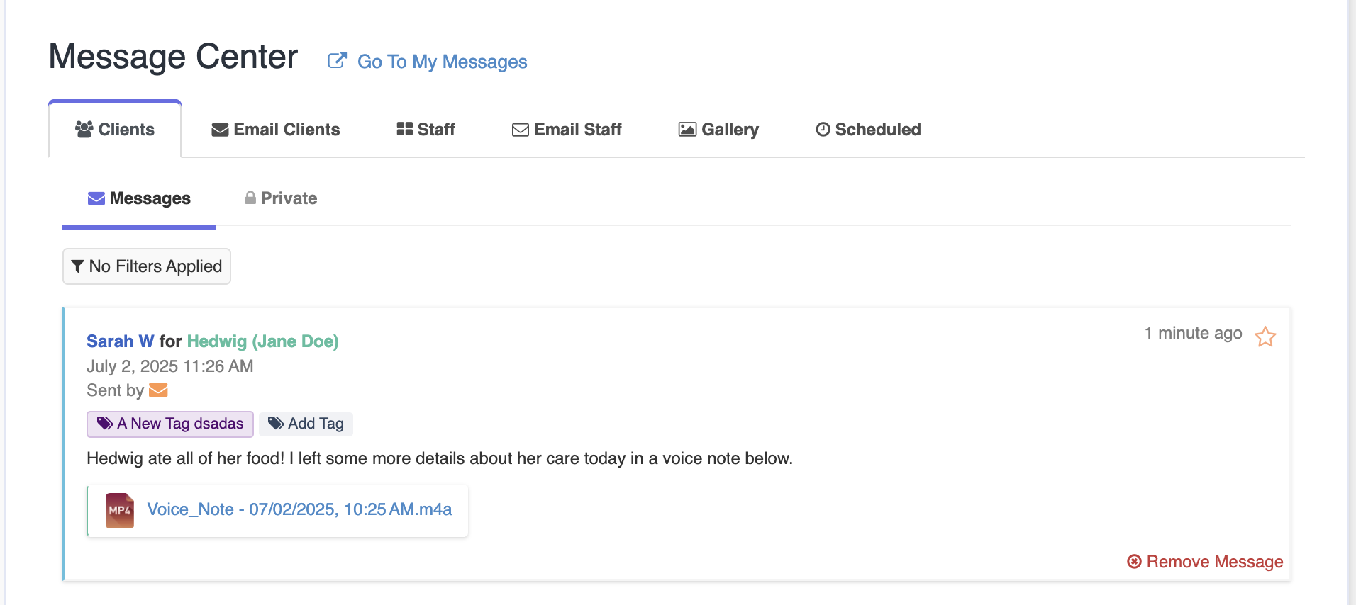 voice note shown on a message in the message center