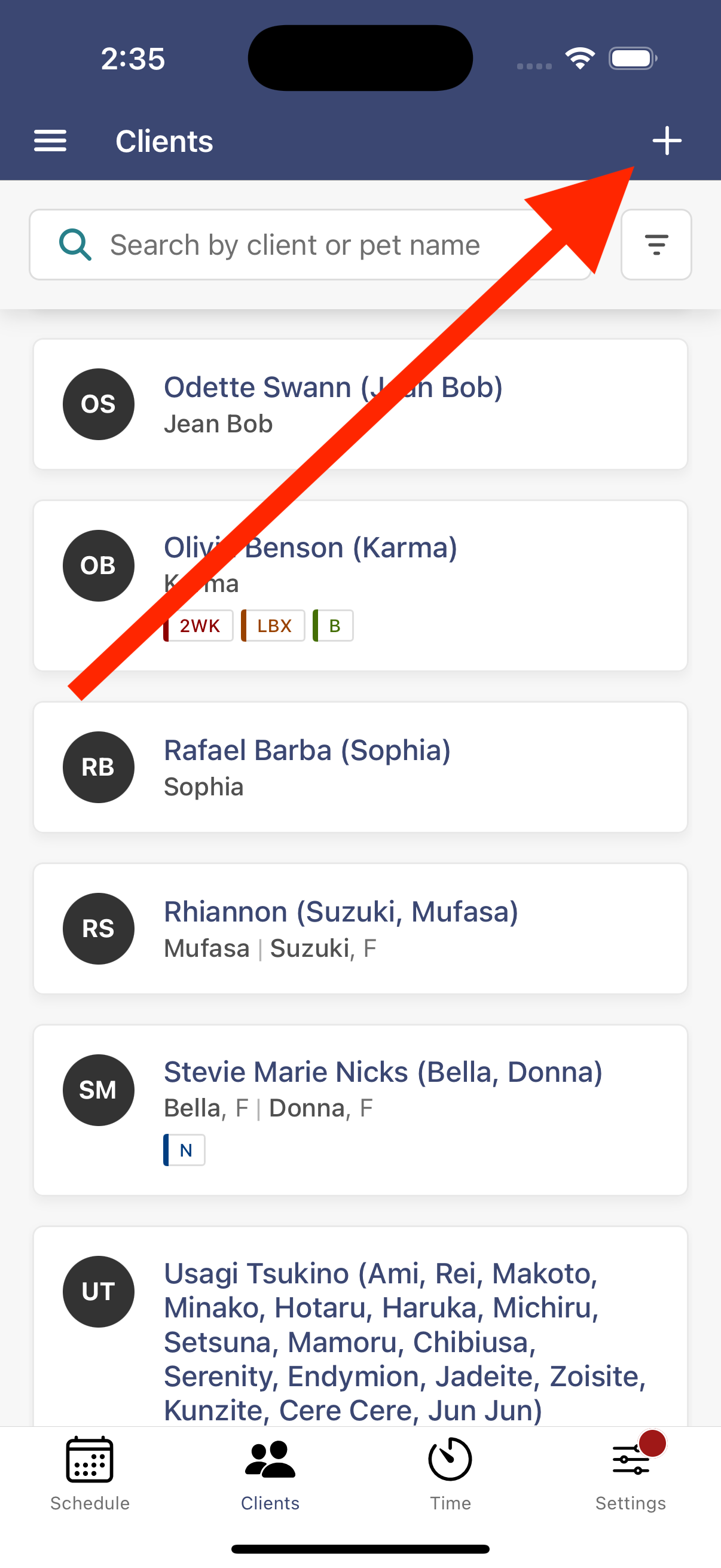 screenshot of client list in mobile app with red arrow pointing to plus sign in upper right hand corner