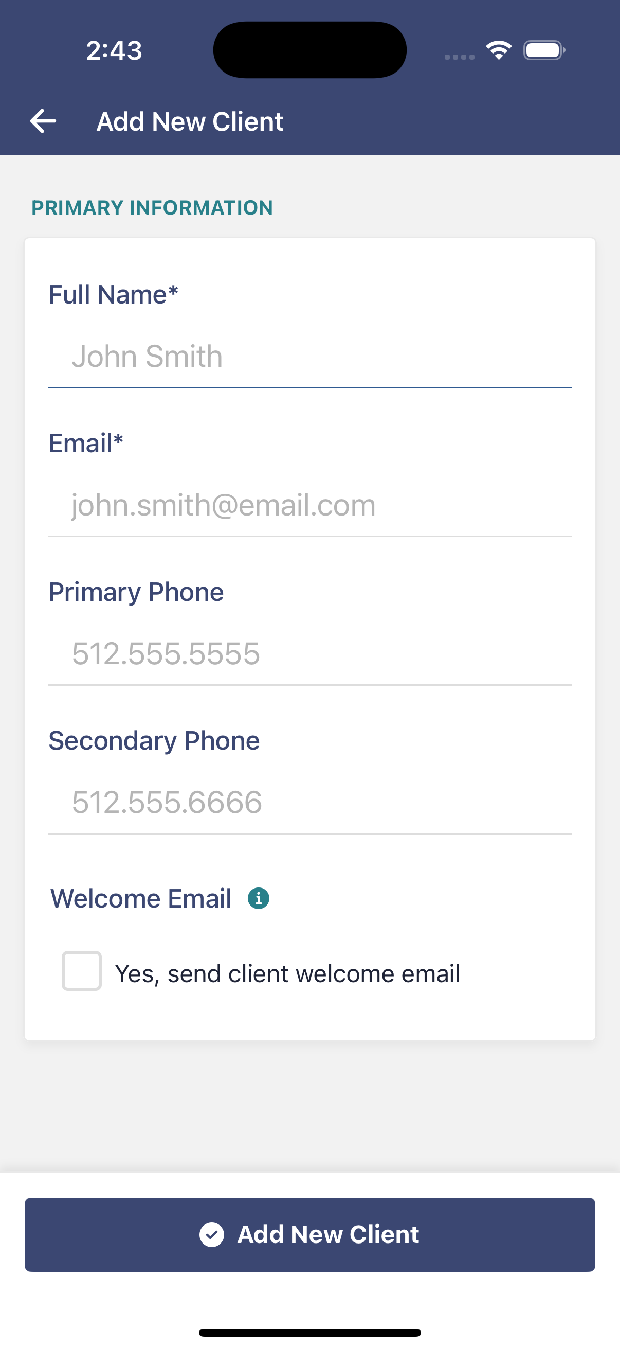 mobile app view of adding a new client with blank fields for entering information