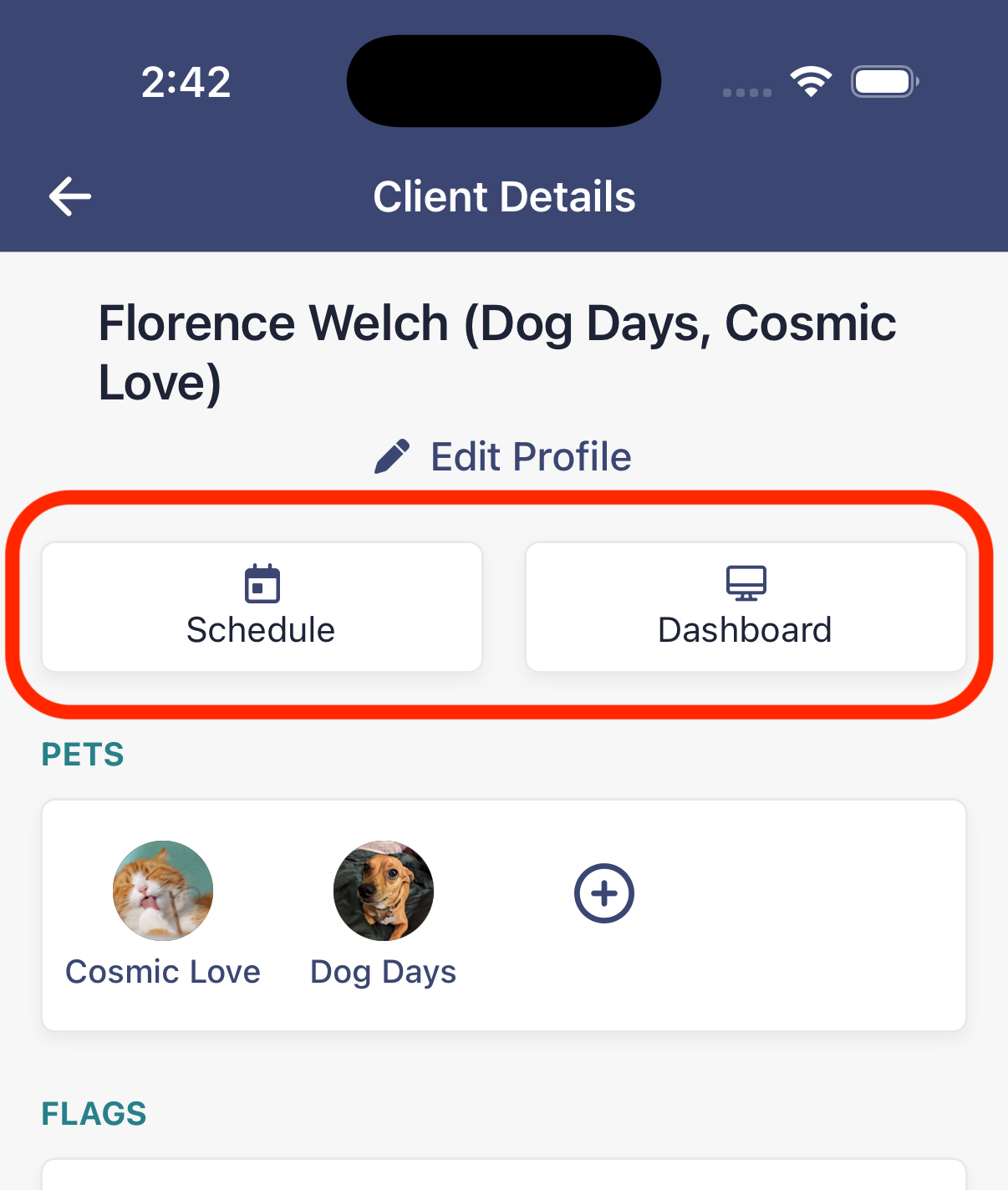 screenshot of Quick Actions options in client profile of the App, with red box highlighting Charge Client, Schedule Services and Dashboard options