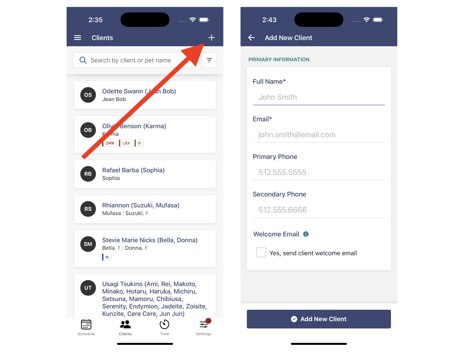 mobile app view of adding a client with form form for filling out details about client