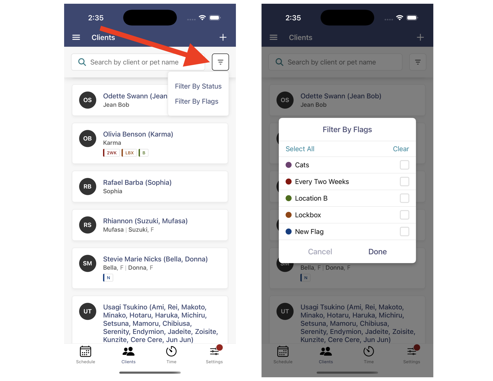 mobile app view of client filter options